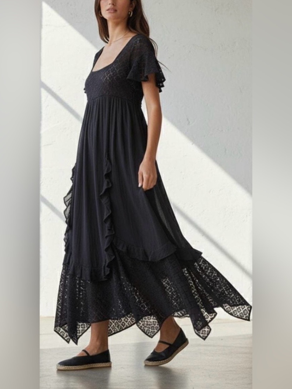 Free People Bring The Romance Lace Ruffle Handkerchief Maxi Dress Black Bohemian